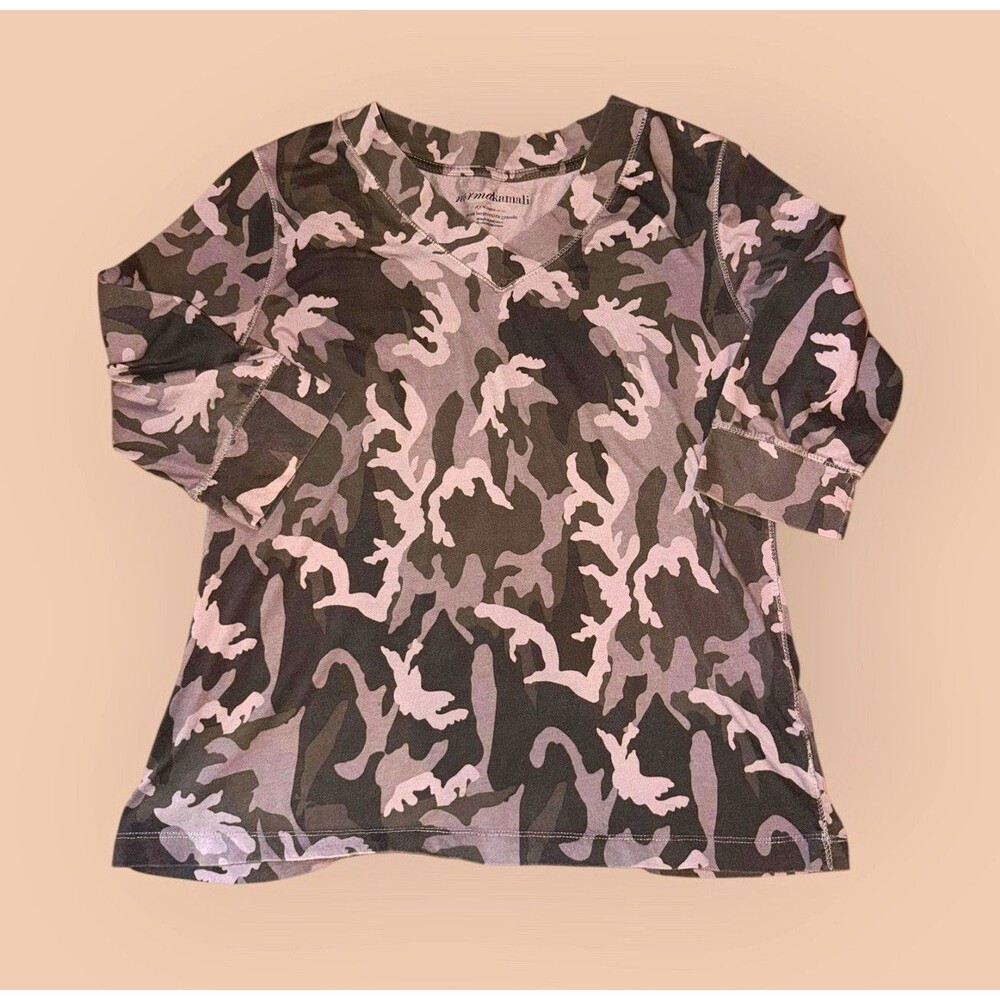 normadimali Women’s XL Gray/Black Camouflage V-Neck 3/4 Sleeve Top